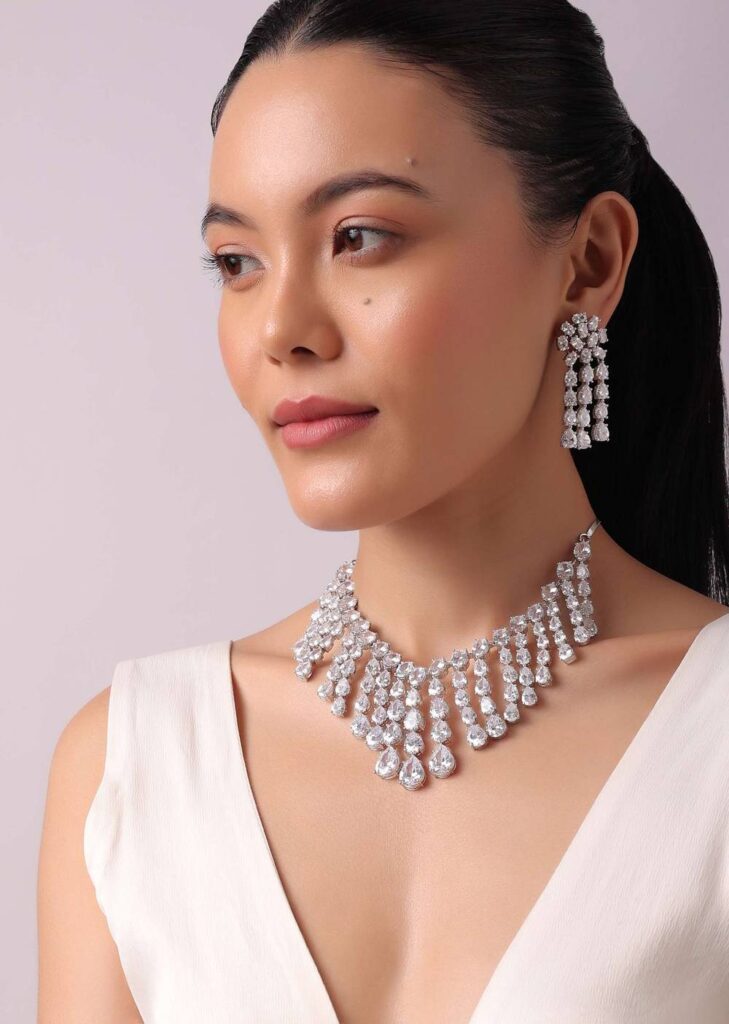 Silver Finish Dangling Choker Set with Faux Diamonds

