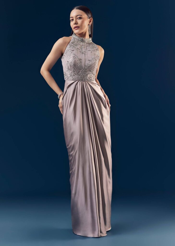 Mauve Bead Embellished Draped Gown
