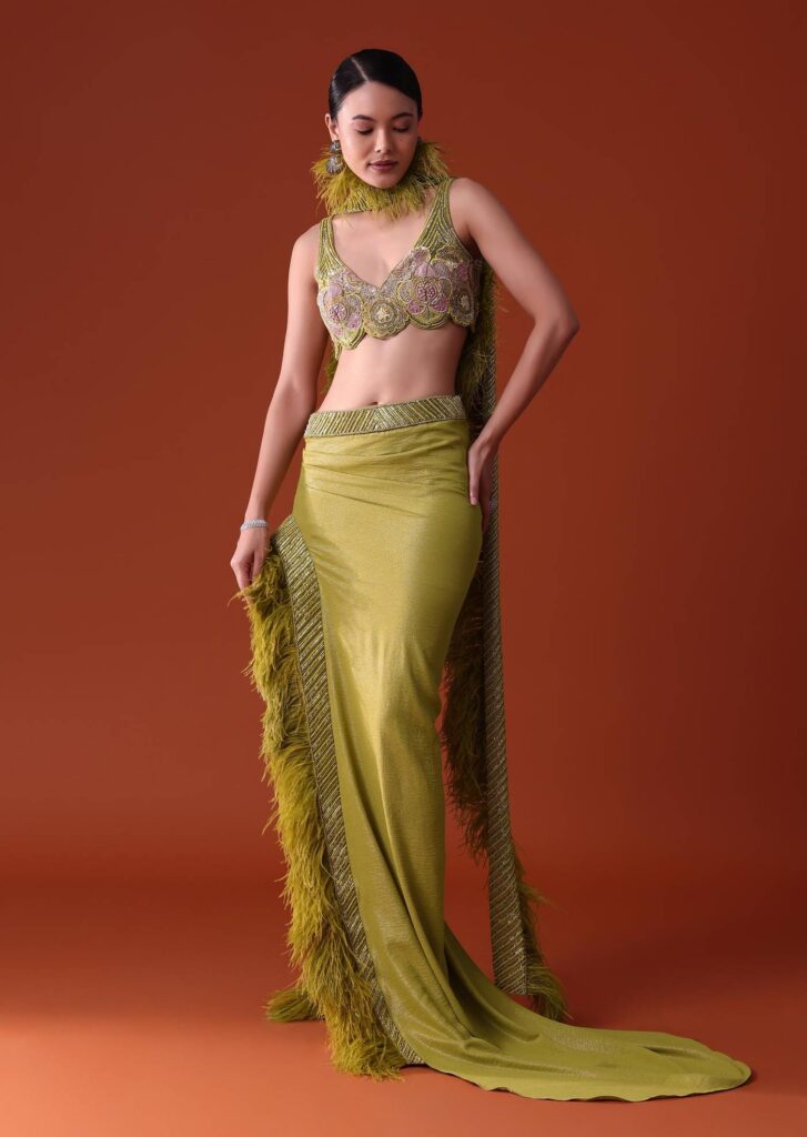 Citrus Green Feathered Dhoti Skirt And Blouse Set