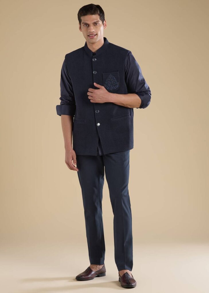 Navy Blue Embroidered Jacket Kurta

