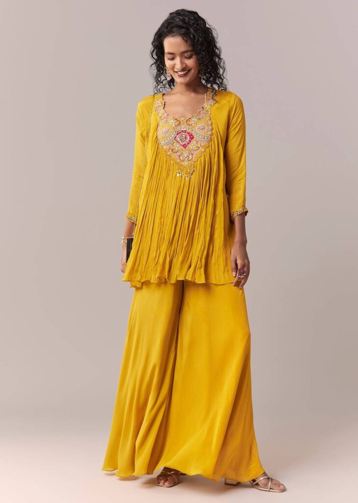 Yellow Thread & Zardosi Palazzo Suit Set

