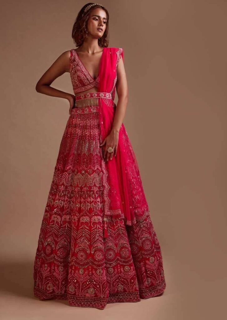 Hot Pink Lehenga Choli In Net With Mirror Work
