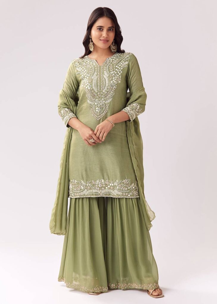 Pista Green Sharara Set With Mirror And Sequin Detailing

