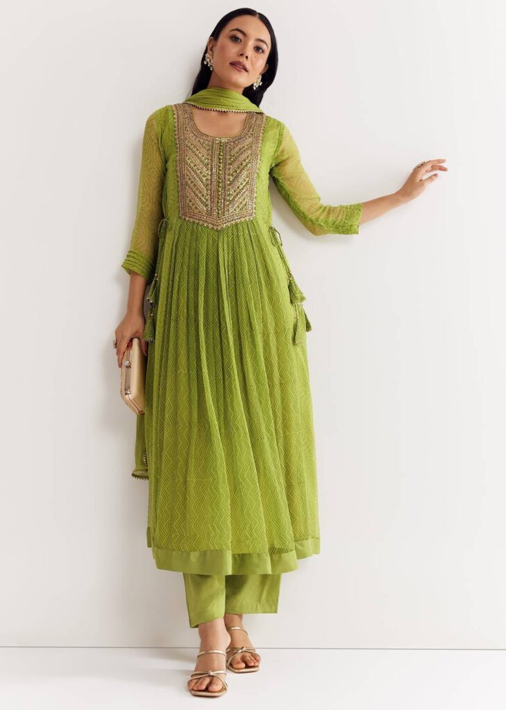 Light Green Printed Chiffon Kurta Dupatta Set With Sequin Work
