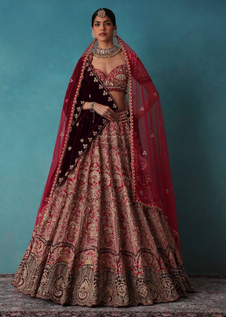 Brick Red Velvet Bridal Lehenga Set With Aari Work
