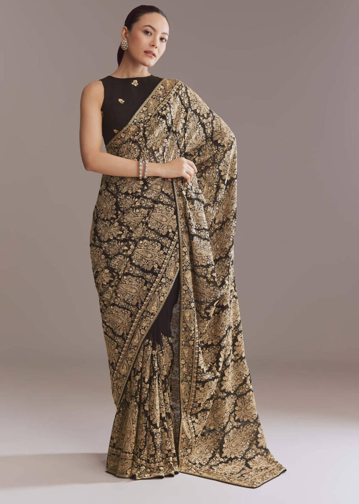 Black Georgette Saree With Kashmiri Kashida Embroidery

