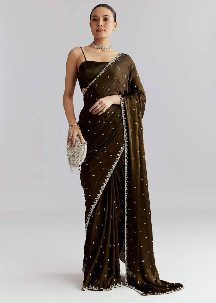 Mehendi Green Chinon Saree With Heavy Hand Embroidery
