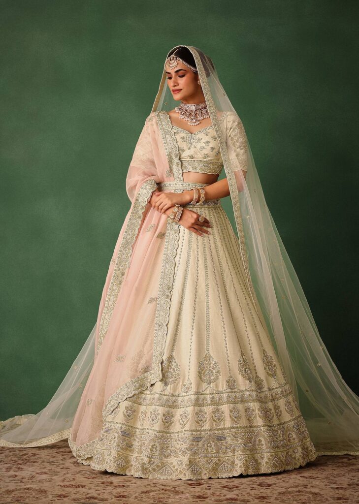 White Hand Embroidered Lehenga Set In Raw Silk With Dupatta
