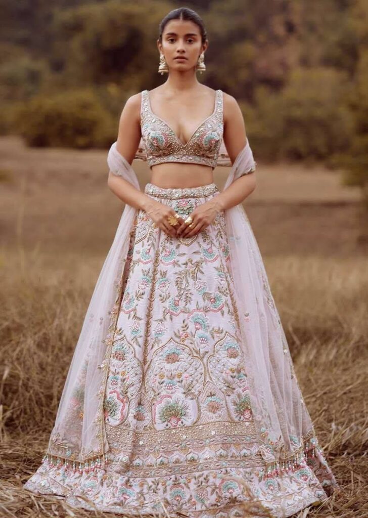 Baby Pink Lehenga Choli In Raw Silk
