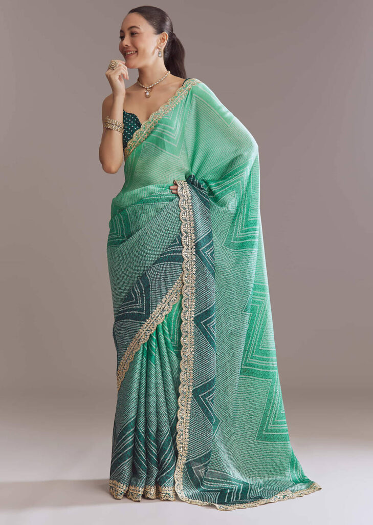 Green Satin Ombre Saree With Gota Patti Embroidery

