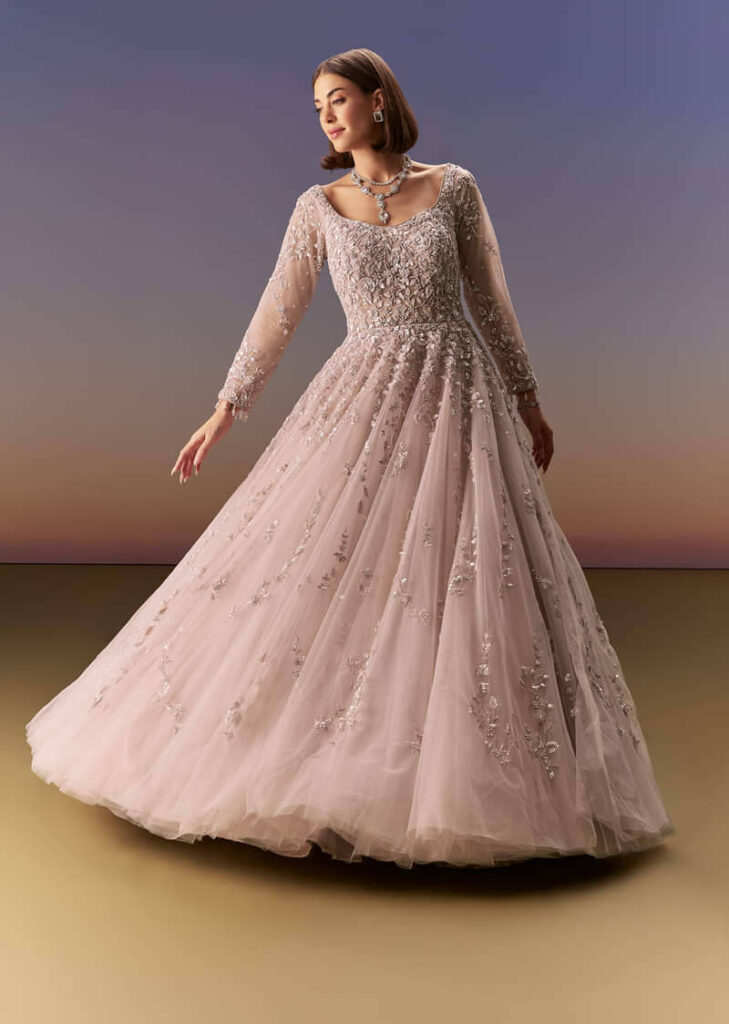 Pastel Pink Embroidered Gown With Full Sleeves
