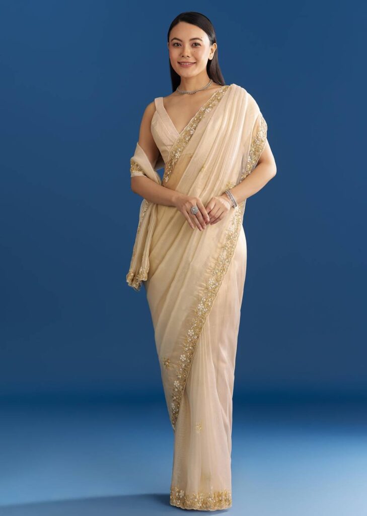 Off White Organza Tissue Saree With Beaded Scallop Border
