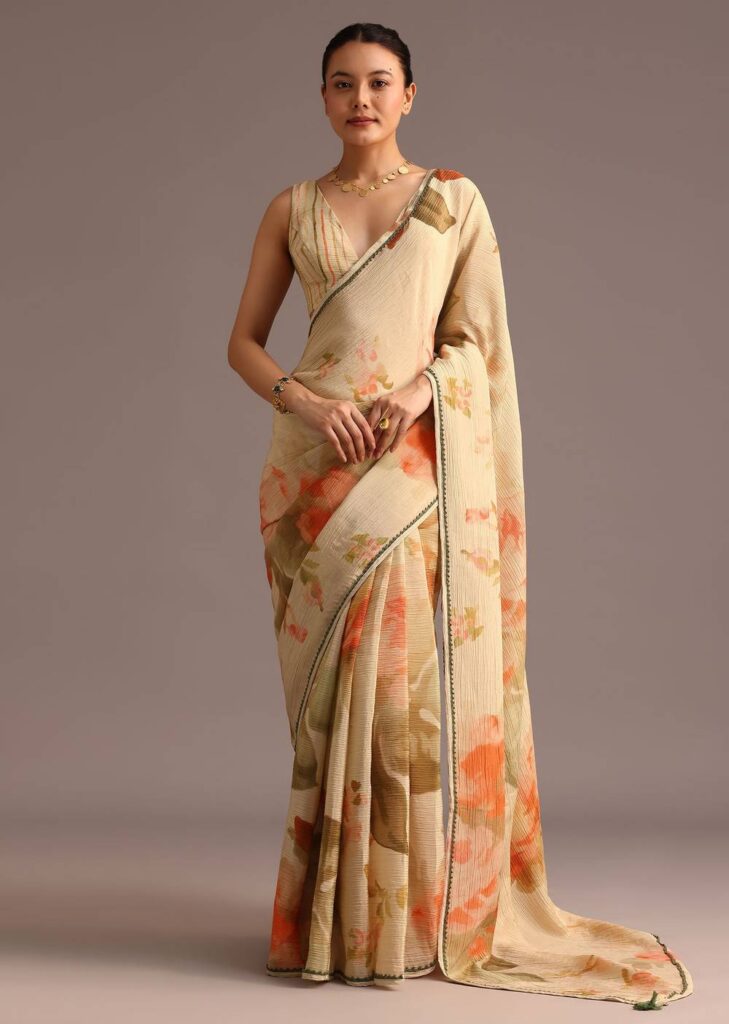 Beige Crushed Abstract Print Saree With Lace Pallu Border
