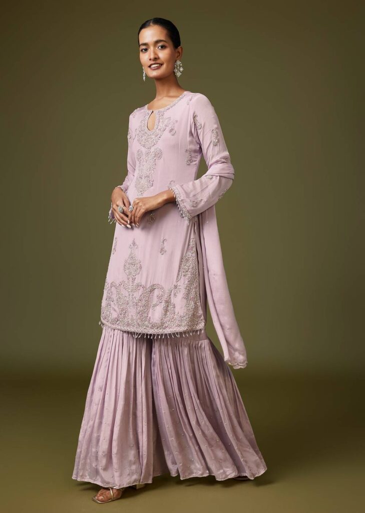 Lavender French Knot Sharara Suit With Bead Detailing