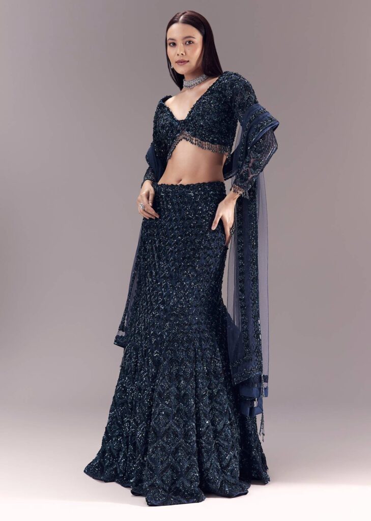 Blue Sequin Embellished Bridal Lehenga Set

