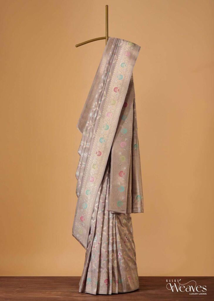 Cloud Grey Handloom Banarasi Saree In Katan Silk With 3-Gram Real Zari Weave And Unstitched Blouse

