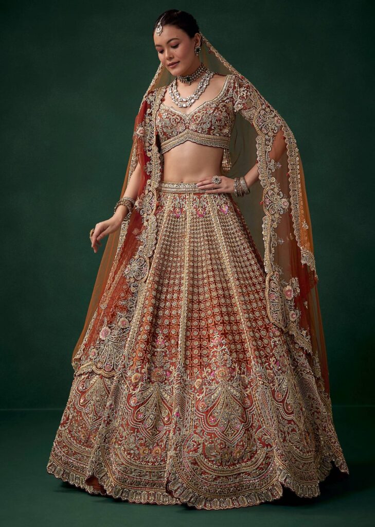 Rust Velvet Patchwork Bridal Lehenga Set with Two Dupattas

