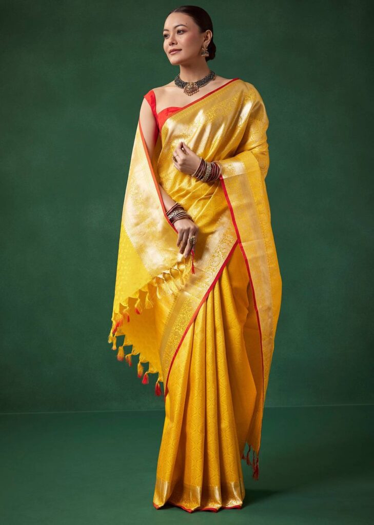 Yellow Bridal Kanjivaram Zari Woven Saree with Unstitched Blouse


