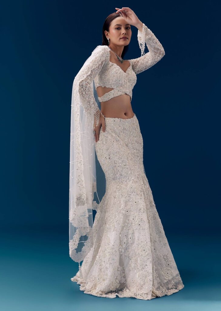 Ivory Fishcut Embroidered Bridal Lehenga Set

