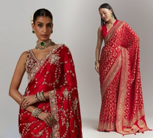 Woman draped in a magnificent red Banarasi silk hand-embroidered saree for Karwa Chauth celebrations