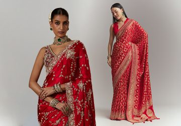 Woman draped in a magnificent red Banarasi silk hand-embroidered saree for Karwa Chauth celebrations