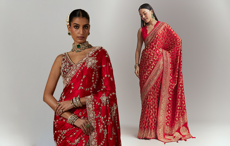 Woman draped in a magnificent red Banarasi silk hand-embroidered saree for Karwa Chauth celebrations