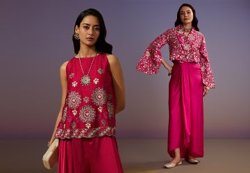 Fashionable woman wearing a modern red draped skirt and crop top set for Karwa Chauth