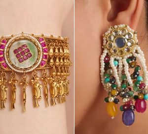 Traditional Navratri jewellery pieces, ghungroo potli bag, and embroidered juttis styled with a Garba outfit