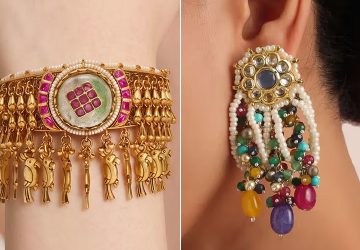 Traditional Navratri jewellery pieces, ghungroo potli bag, and embroidered juttis styled with a Garba outfit