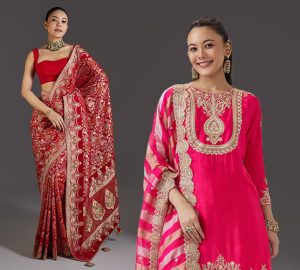 Newlywed bride wearing a designer red embroidered saree for her first Karwa Chauth celebration