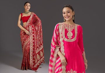 Newlywed bride wearing a designer red embroidered saree for her first Karwa Chauth celebration