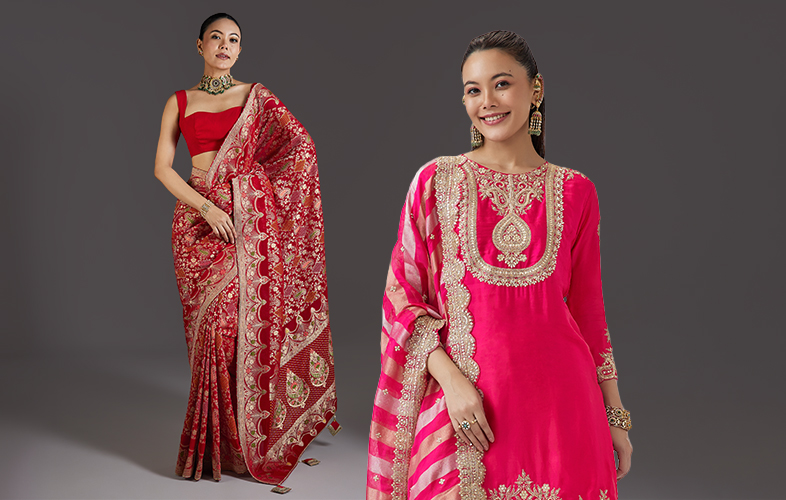 Newlywed bride wearing a designer red embroidered saree for her first Karwa Chauth celebration