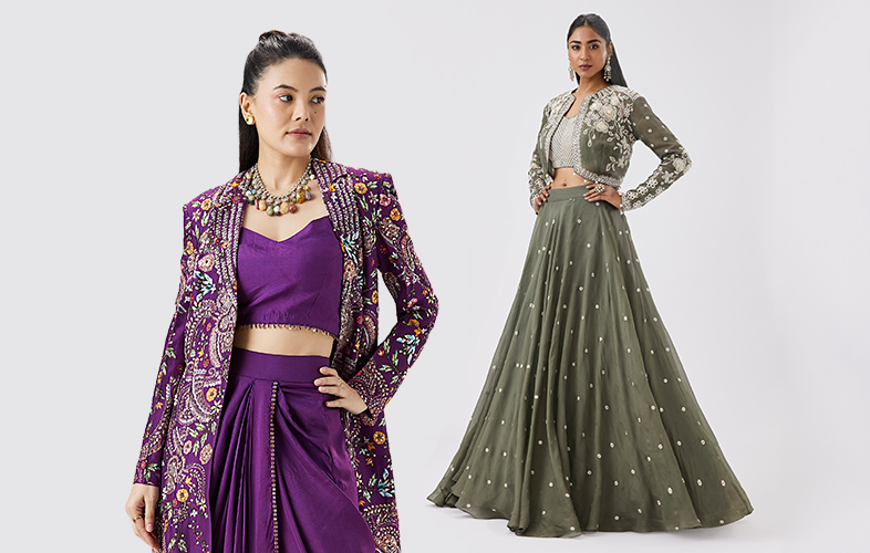 Trending ethnic festive outfits including ready pleated sarees, shararas, and men's kurtas for 2026
